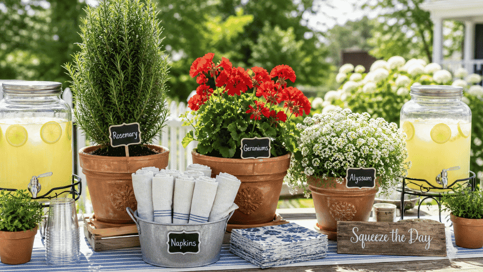 outdoor table with rosemary geraniums alyssum and lemonade in bright sunlight