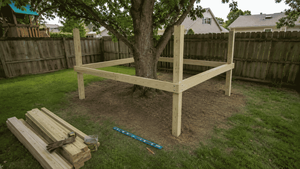 outer frame attached to posts for an 8x8 diy tree house platform