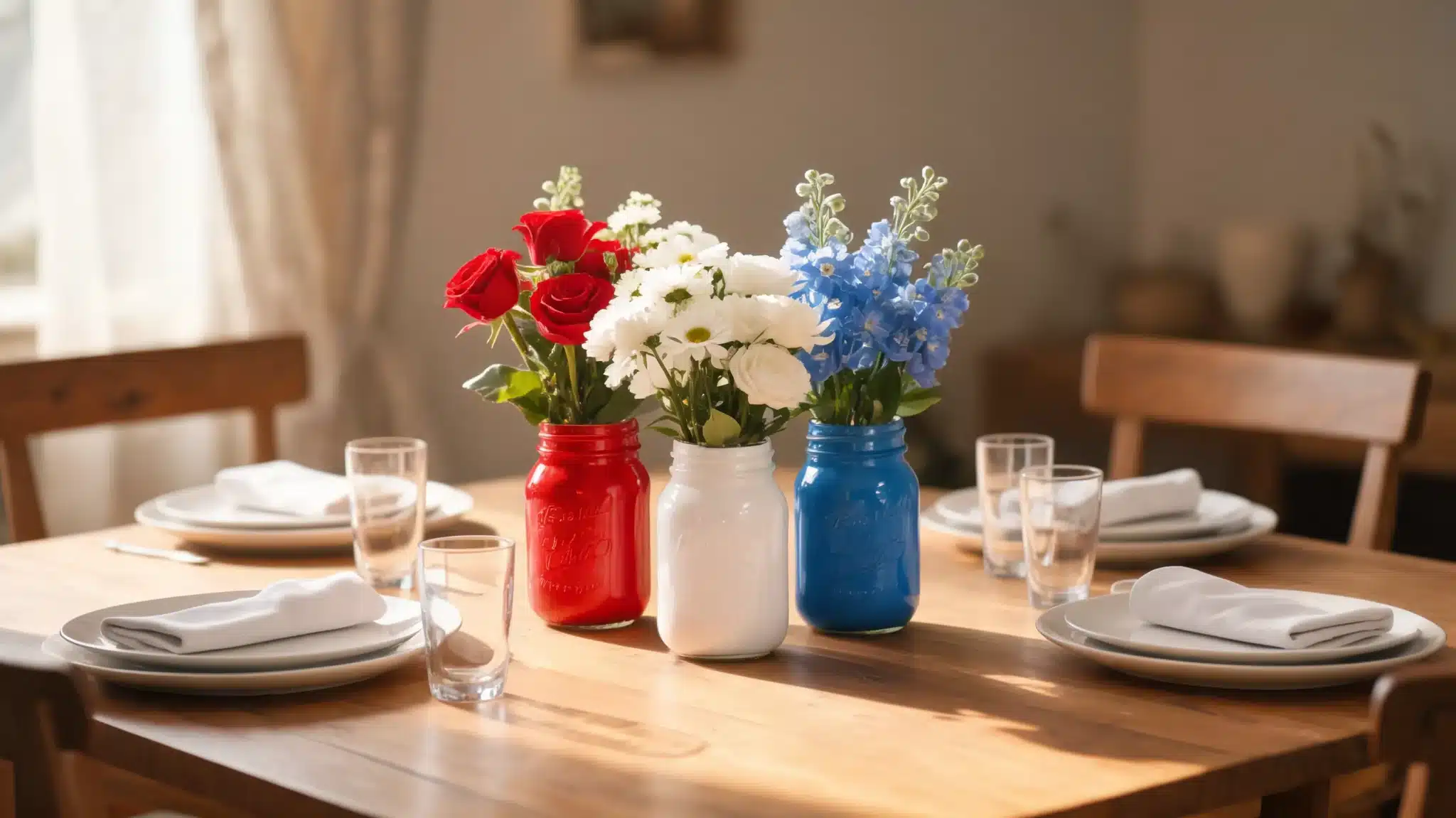 painted mason jar flower centerpiece on dining table