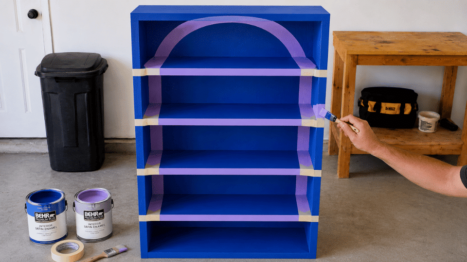 painting a two color pattern on a diy wooden bookshelf