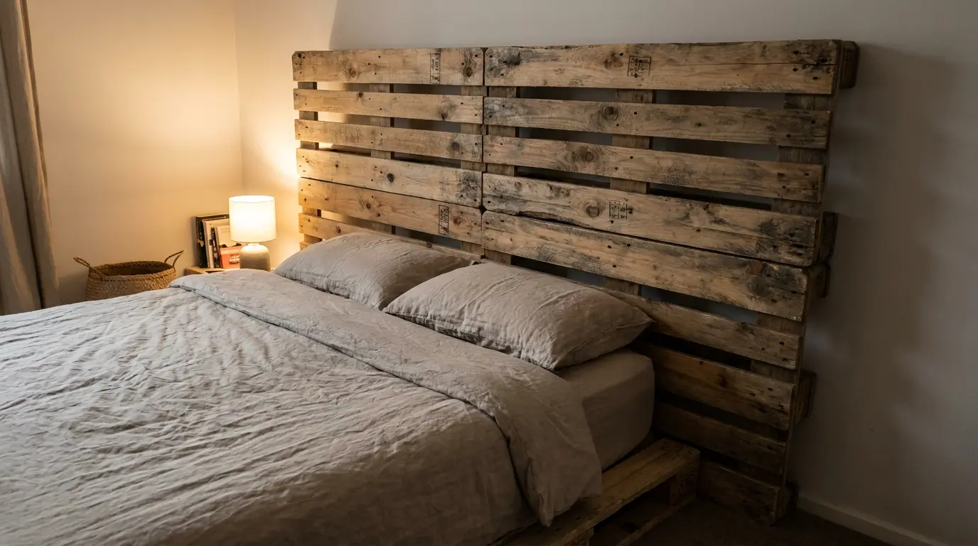 pallet wood headboard with stacked reclaimed boards in simple rustic bedroom setup