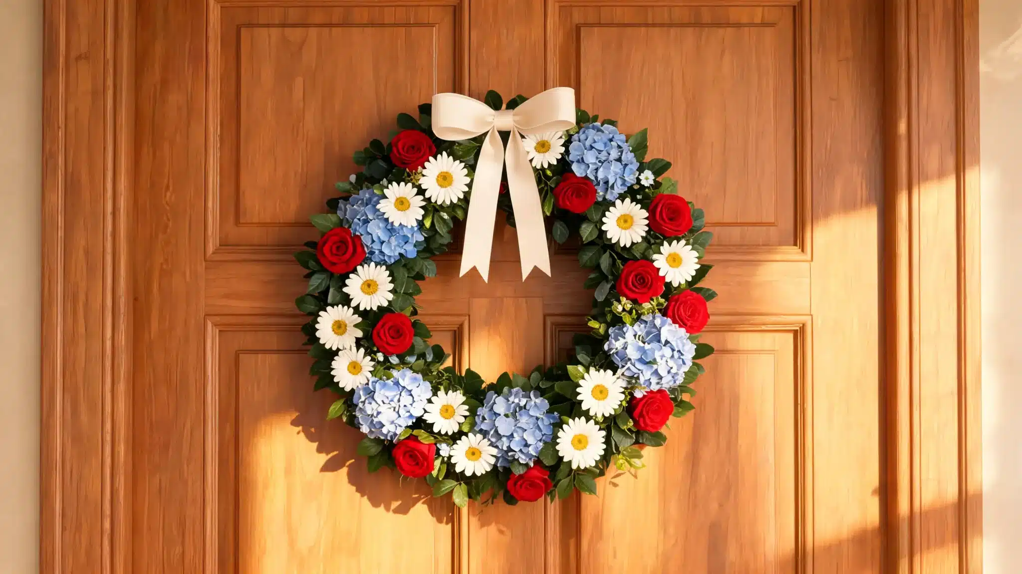 patriotic flower wreath with roses, daisies, and hydrangeas in red white and blue