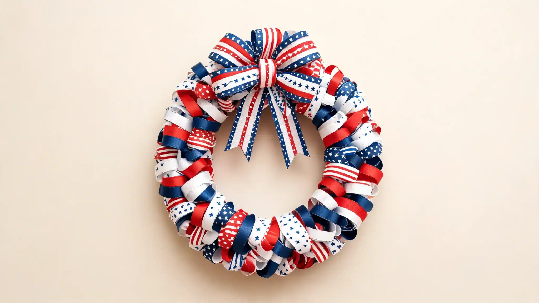 patriotic ribbon wreath with layered loops and a large bow in red white and blue colors