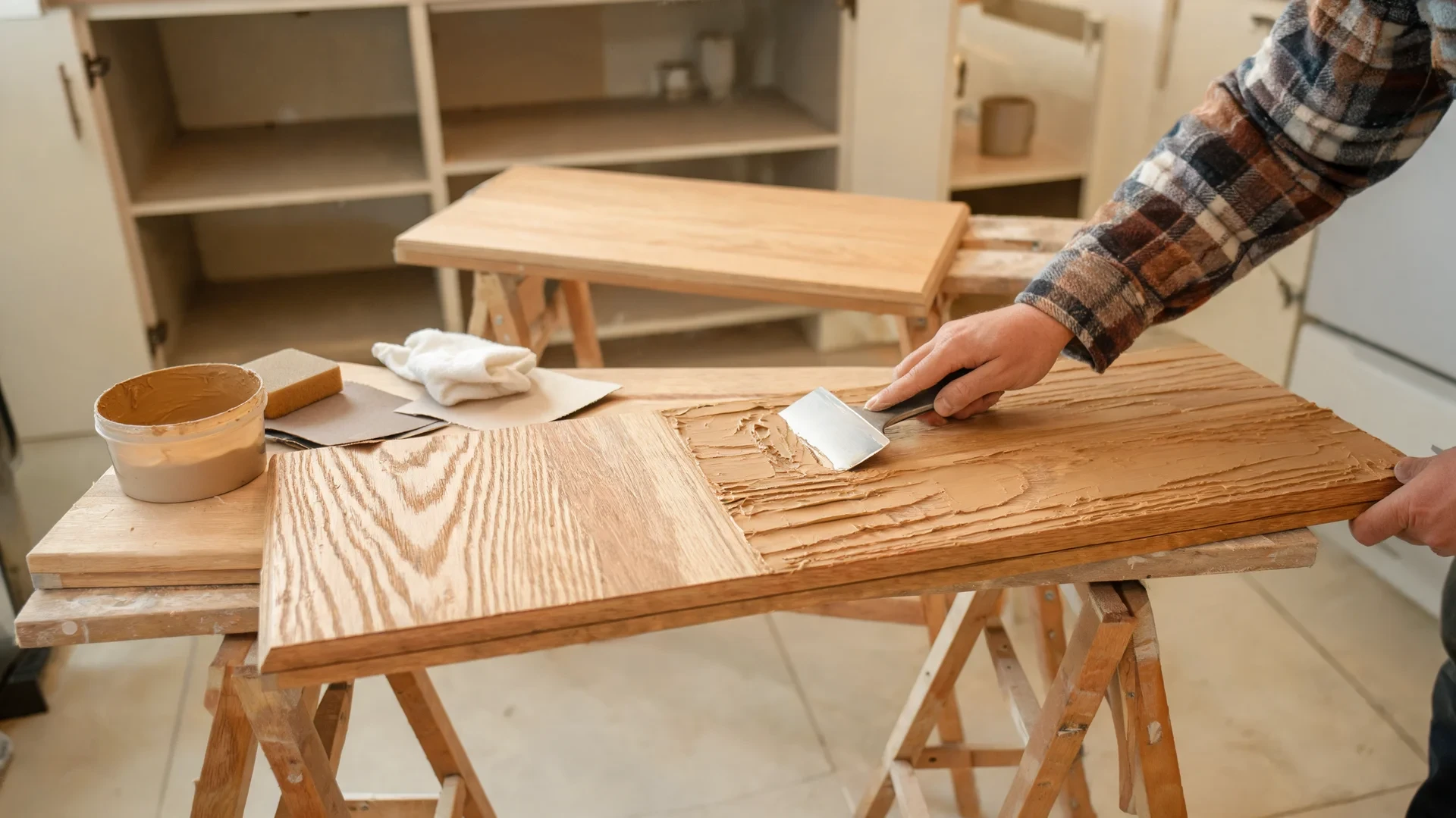 person applying grain filler to oak cabinet door before priming