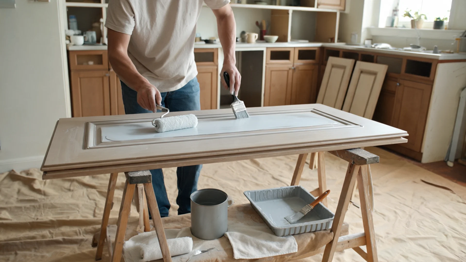 person applying primer to kitchen cabinet door with roller brush