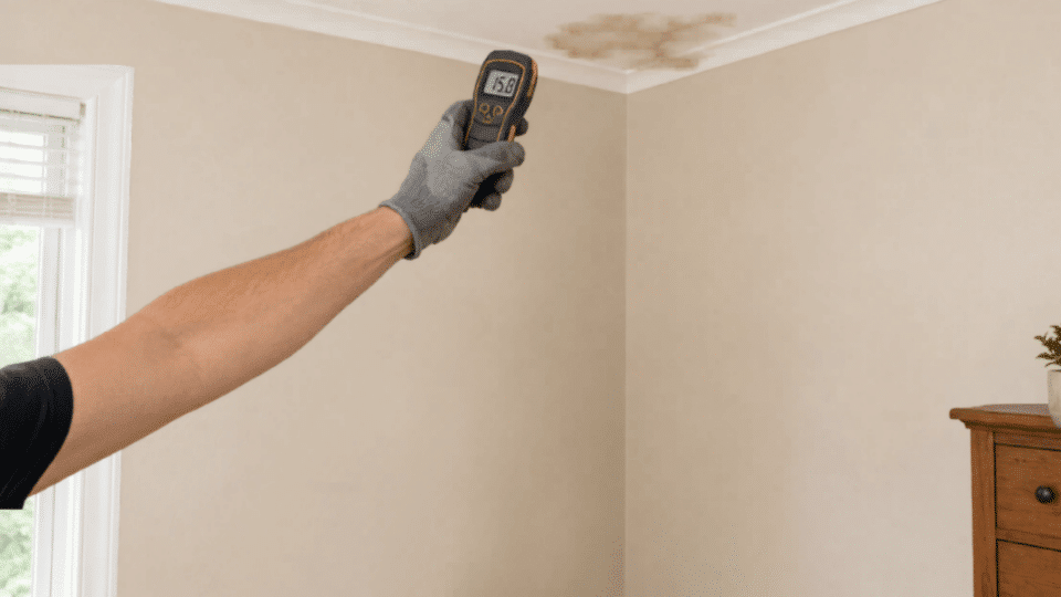 person checks a water stained ceiling corner with a moisture meter while standing beside a ladder
