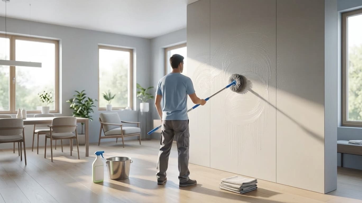 person cleaning painted wall with microfiber mop in natural light modern home interior