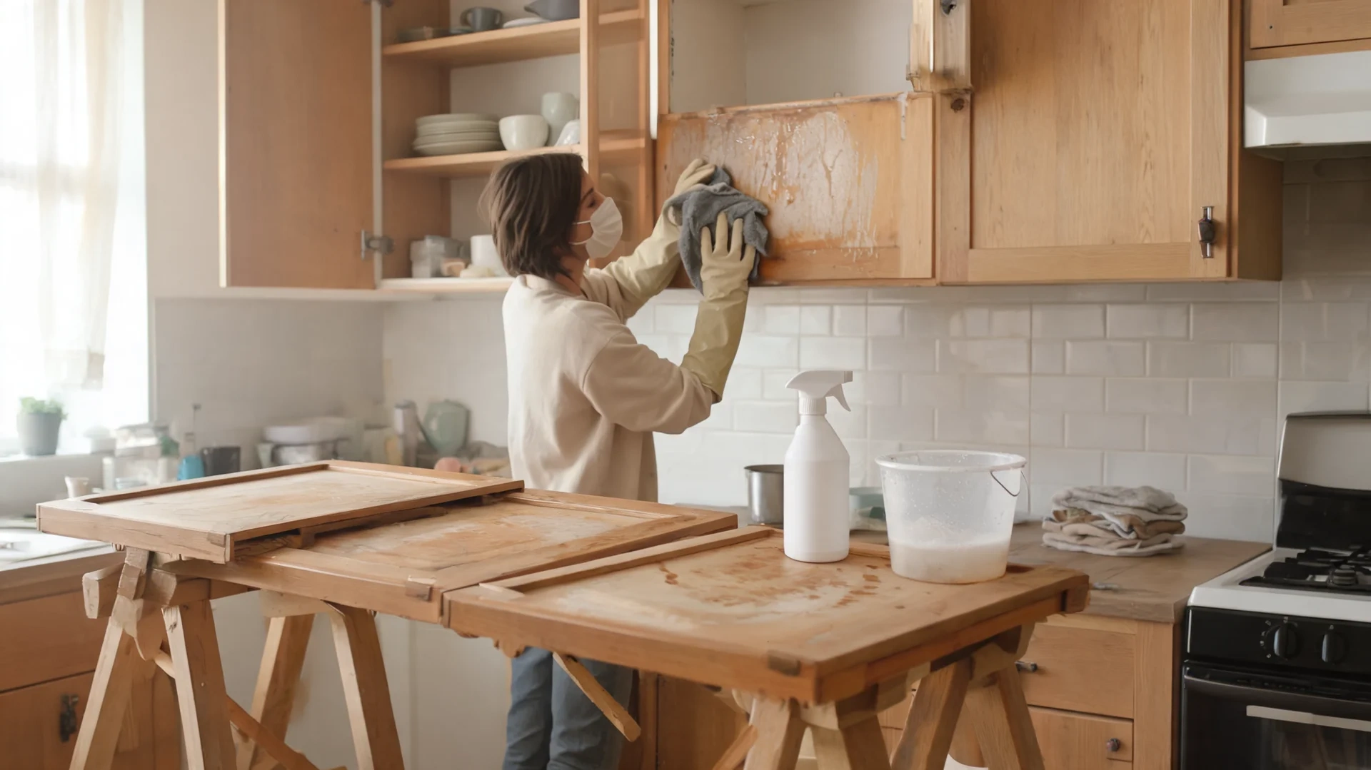 person degreasing kitchen cabinet doors before sanding and refinishing surfaces