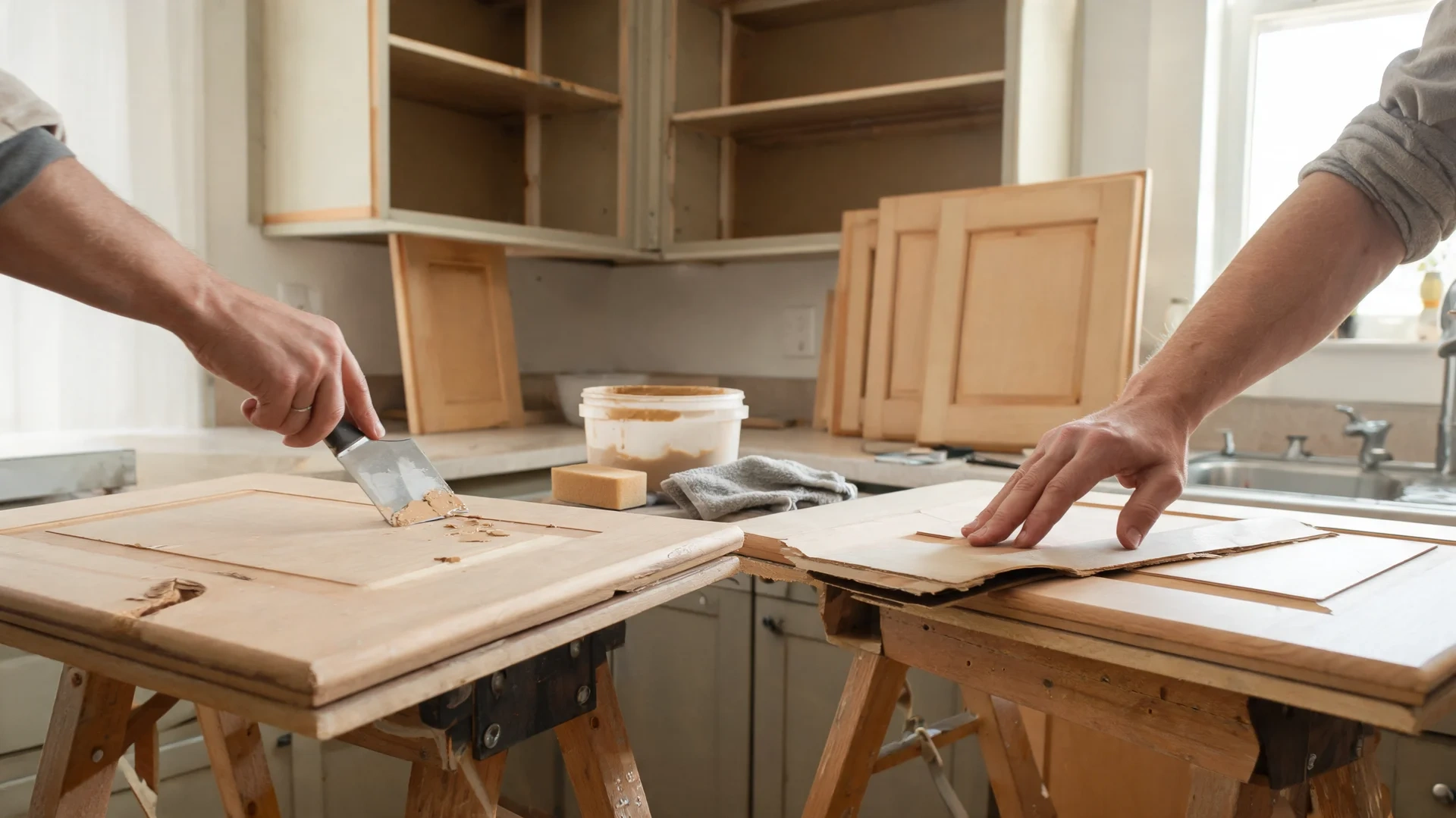 person filling damaged kitchen cabinet door before sanding and refinishing