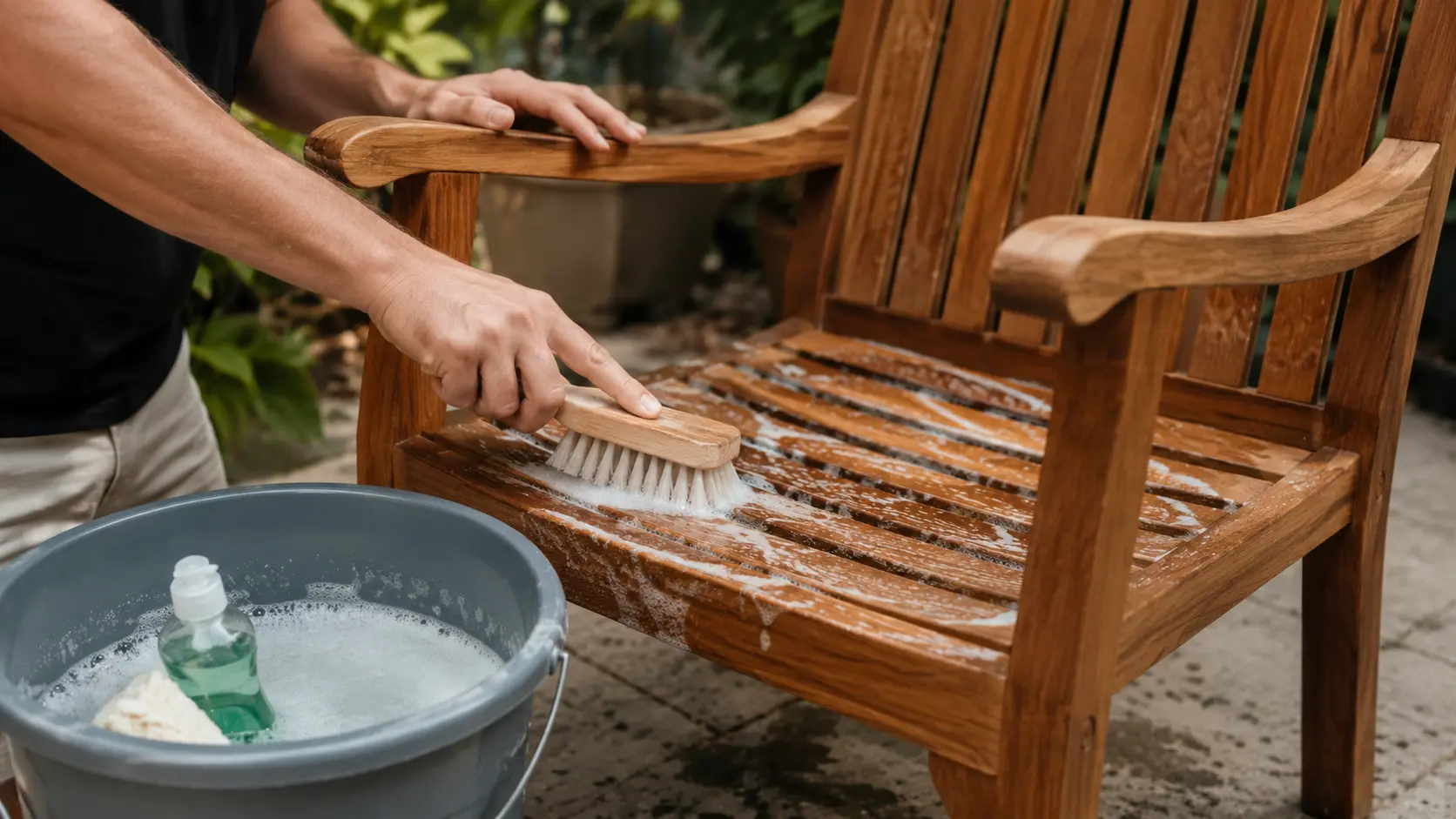 person gently washing teak furniture with mild soap and a soft brush