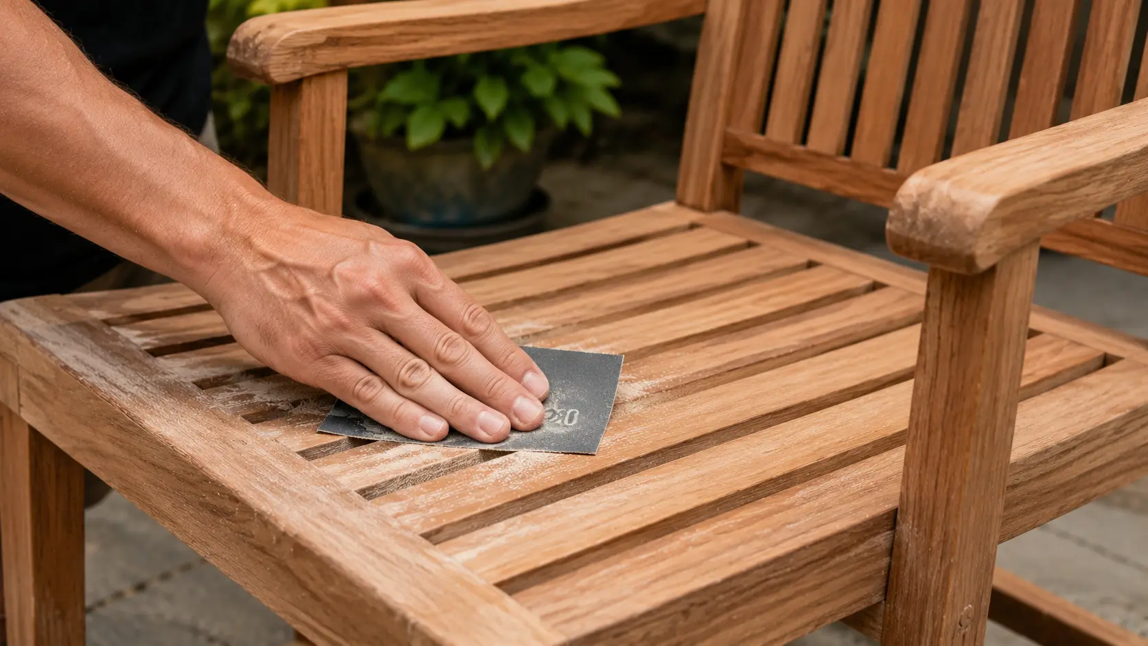 person lightly sanding dry teak furniture with fine sandpaper