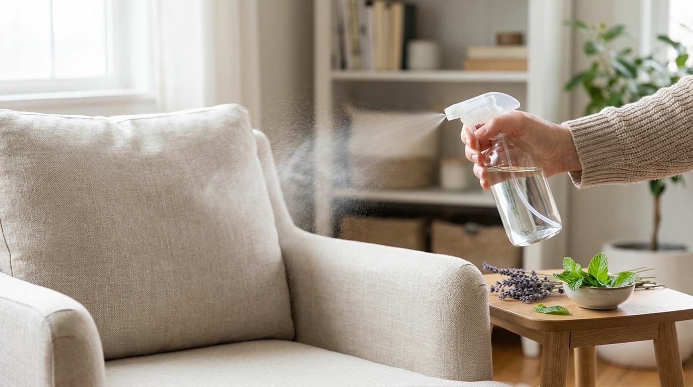 person lightly sprays a clear homemade fabric spray onto a sofa, with lavender and peppermint nearby in a bright home setting