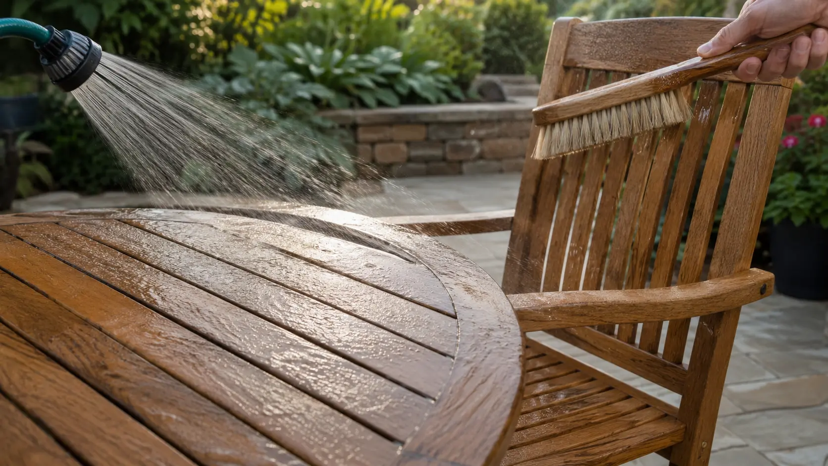 person removing dust and leaves from teak furniture and wetting the wood before cleaning