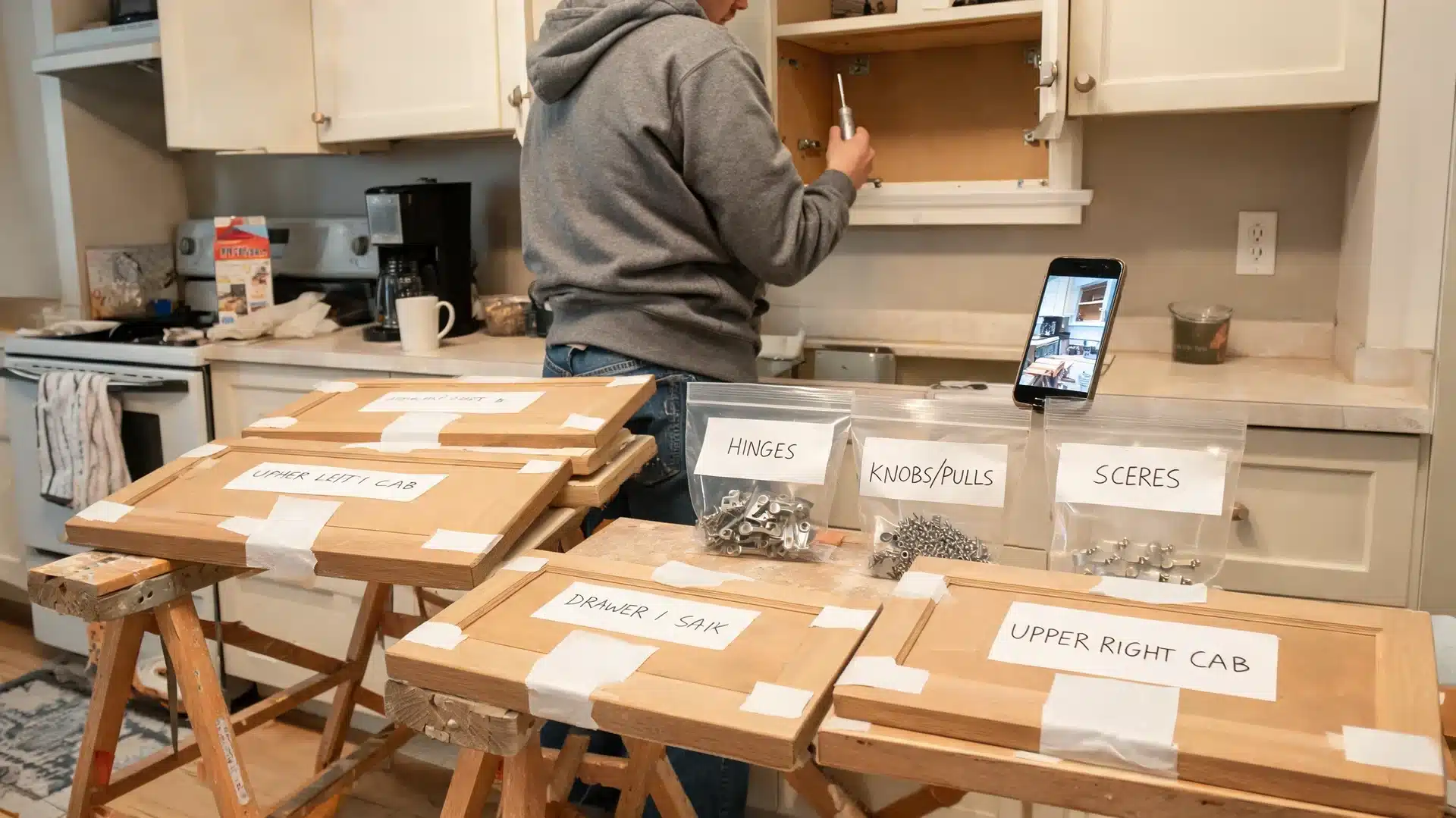 person removing kitchen cabinet doors and labeling hardware for refinishing