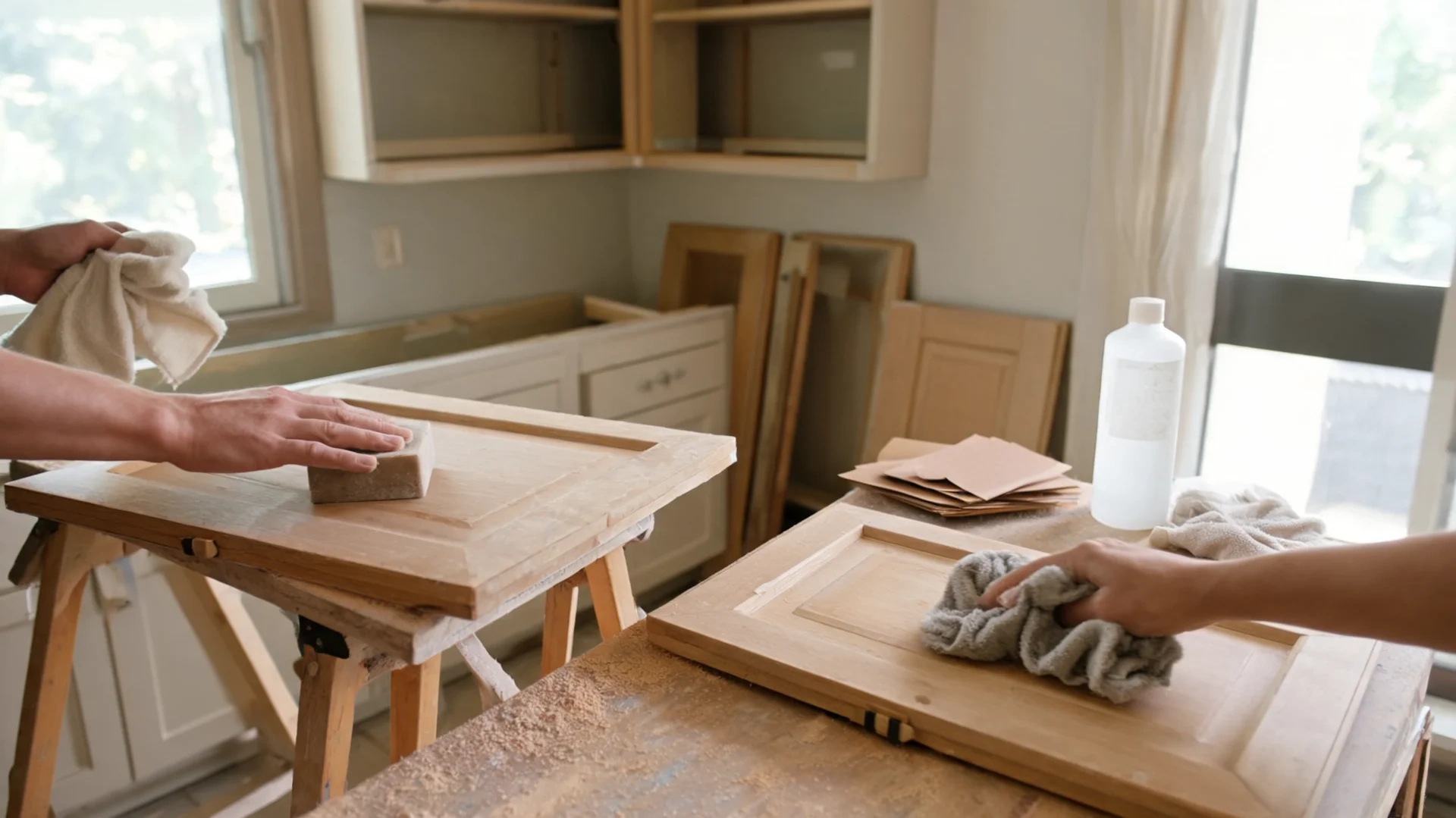 person sanding kitchen cabinet door and wiping dust before priming