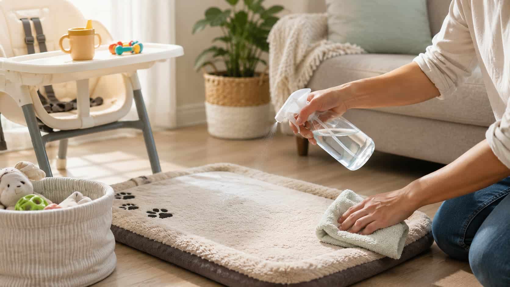 Person spraying pet mat near high chair and toys