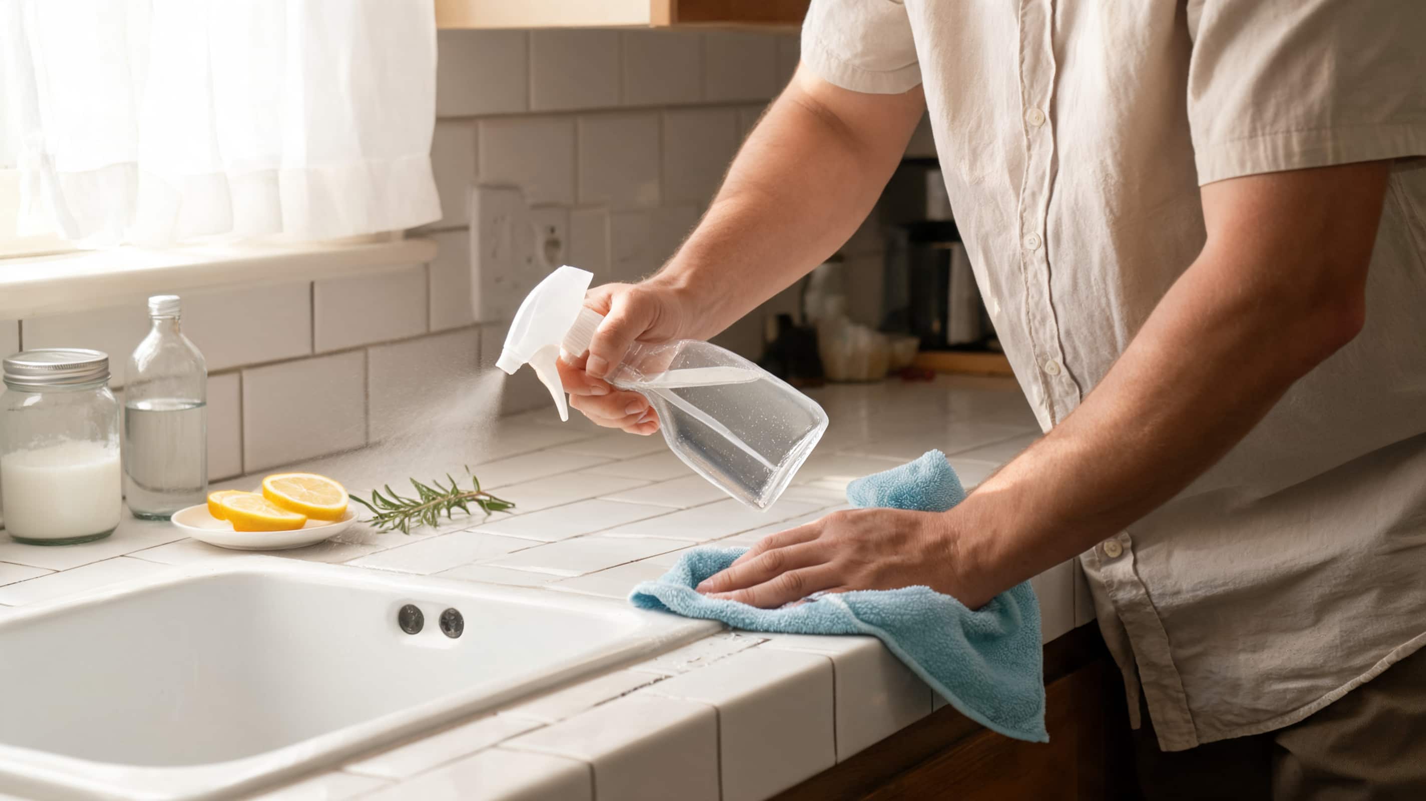 Person spraying all-purpose cleaner on kitchen sink