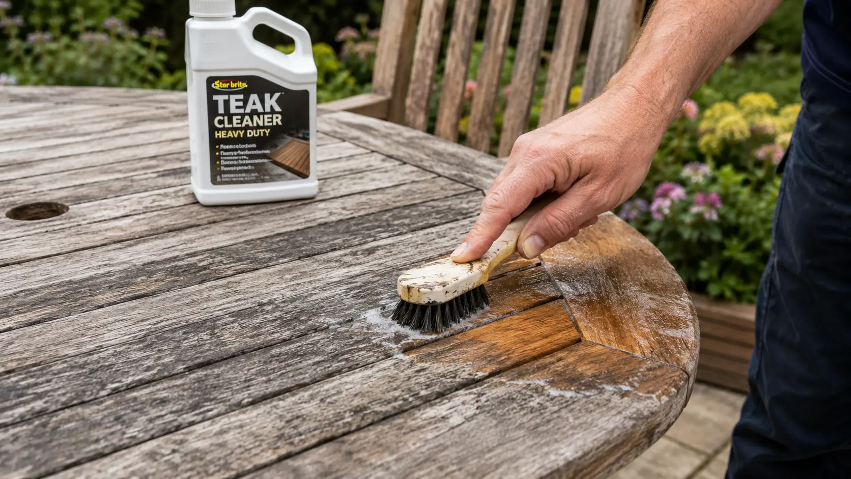 person using teak cleaner on gray weathered teak furniture