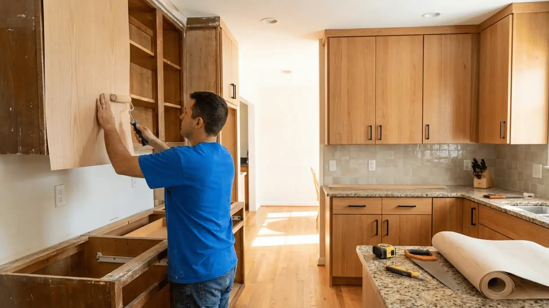 person working on wooden cabinets in a bright kitchen under renovation