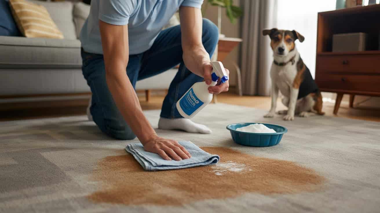 pet stain being cleaned on carpet with baking soda and spray solution