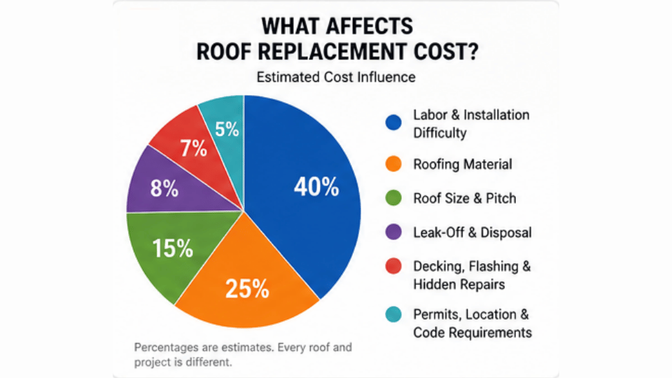 pie chart showing the main factors that affect roof replacement cost