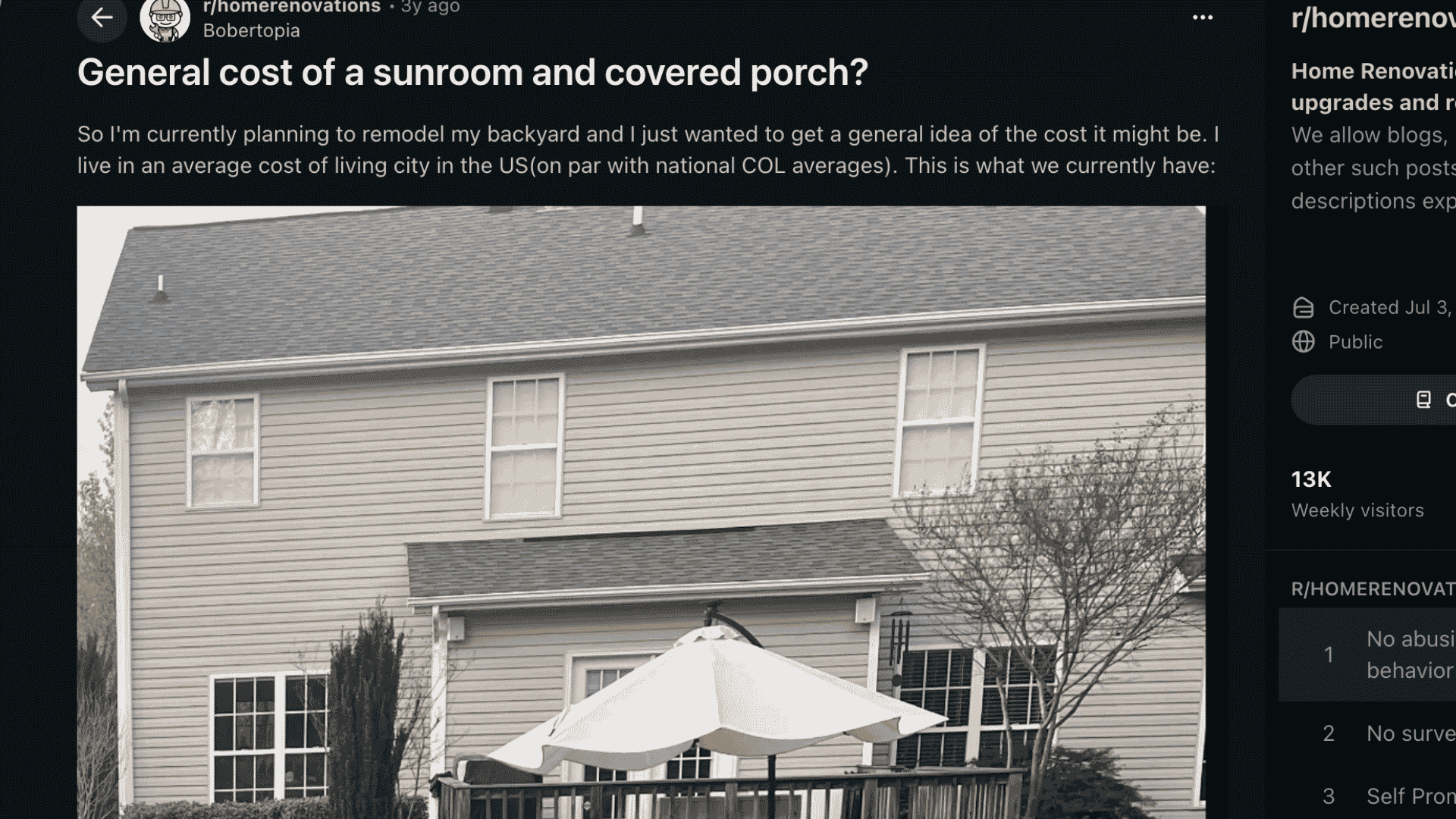 planning a backyard remodel, Get a general idea of sunroom and covered porch costs in an average U.S. city.