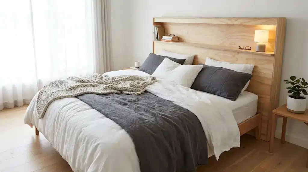 plywood headboard with built in shelf holding books and bedside items in modern bedroom setup