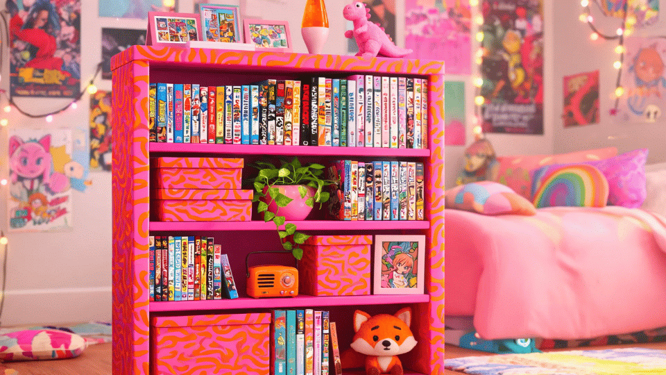 pop maximalist bookshelf with bold paint and colorful decor
