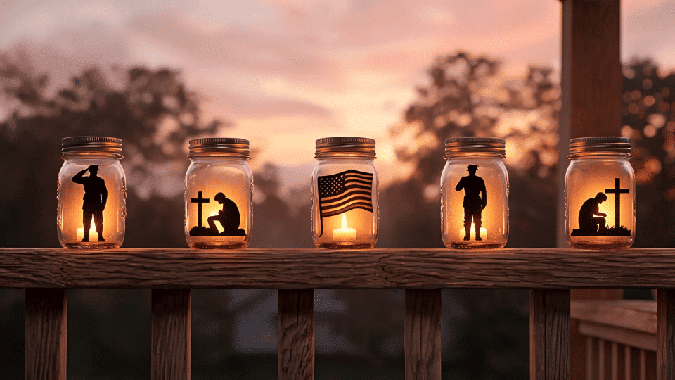 porch railing with glowing mason jar lanterns showing soldier silhouettes at dusk