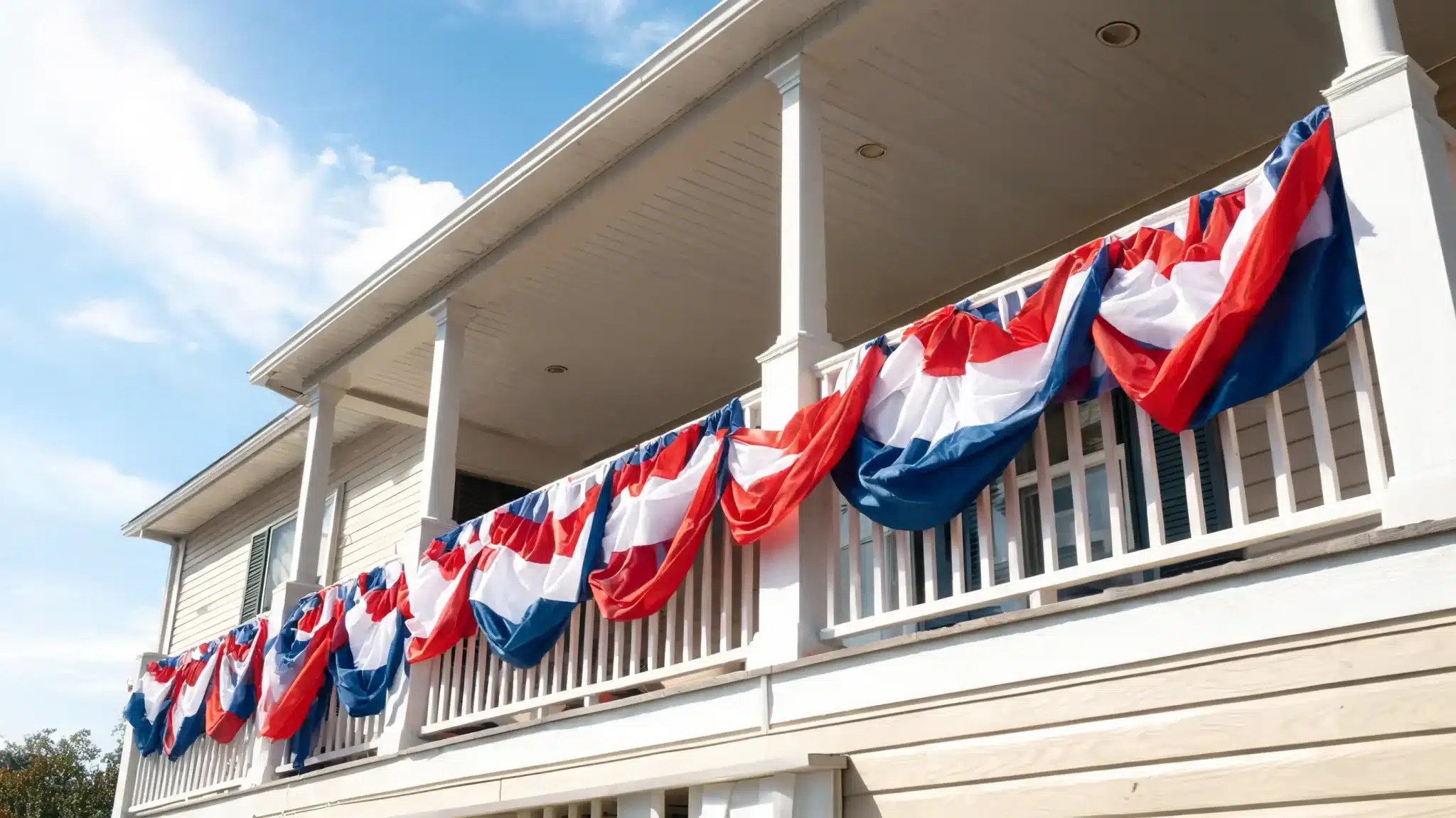 porch railing with patriotic bunting flags