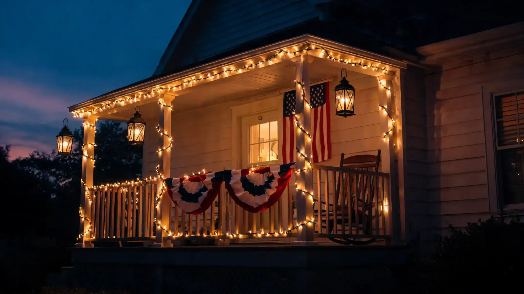 porch with glowing lanterns and string lights