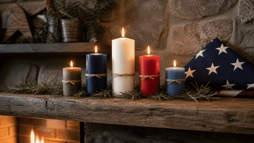pyramid candle display on mantle with american flag and soft greenery for memorial day