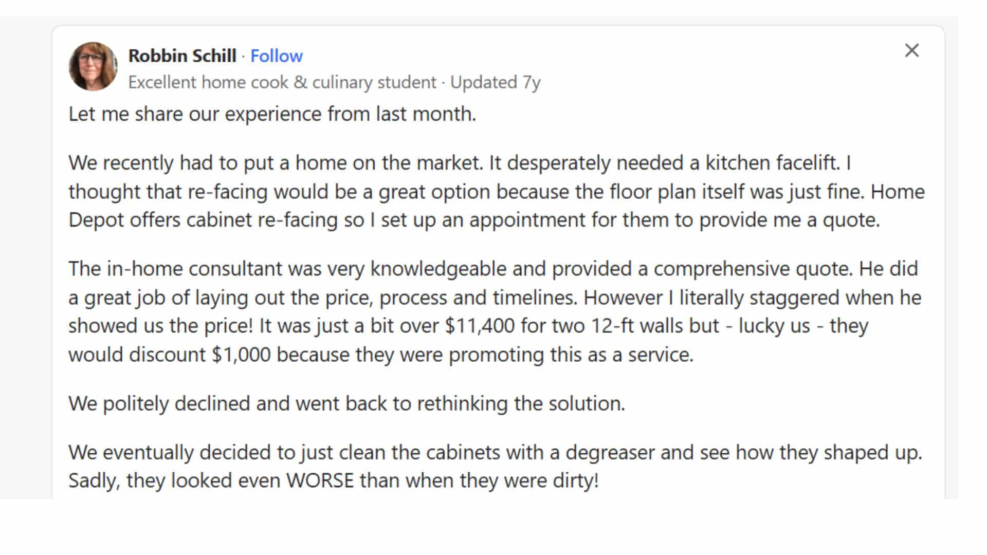quora answer showing homeowner sharing cabinet refacing cost experience and satisfaction with the final result