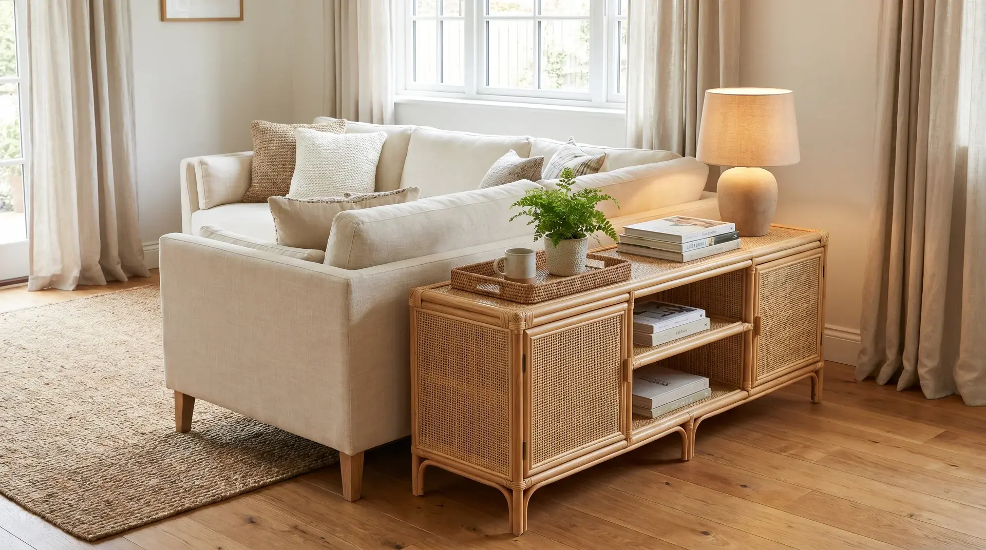 rattan sofa table behind cream sofa with woven tray plant books and lamp in casual living room (1)