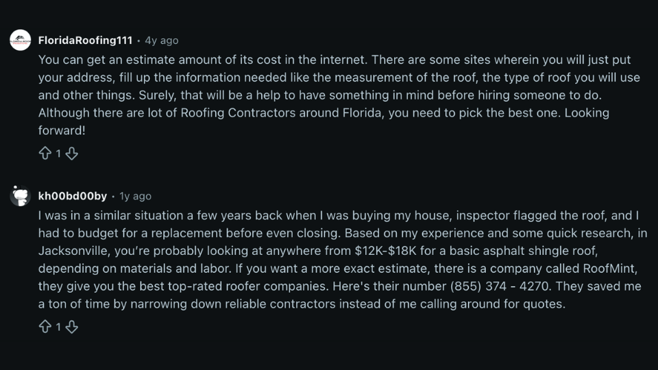reddit discussion about what homeowners should expect to pay for roof replacement