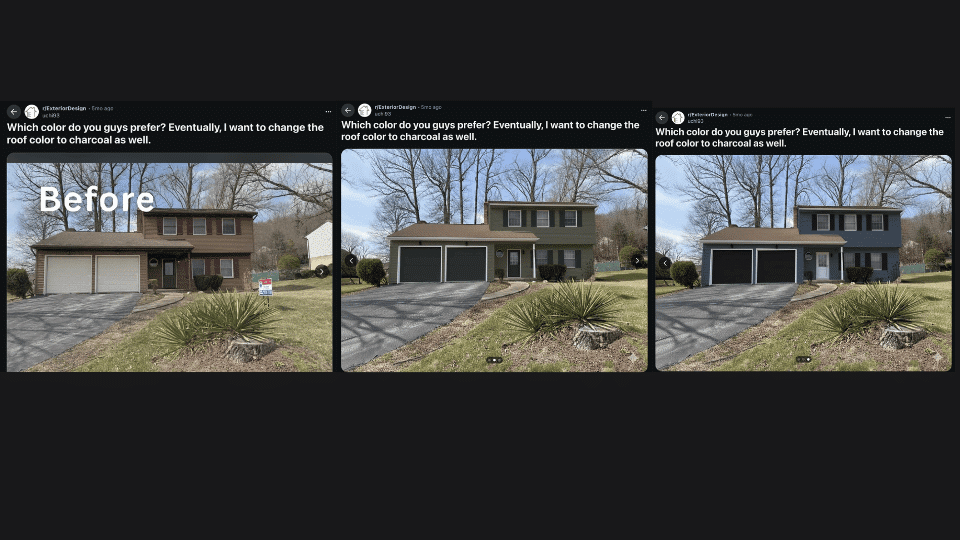 Reddit post shows brown roof home with green and blue paint options as users compare exterior choices