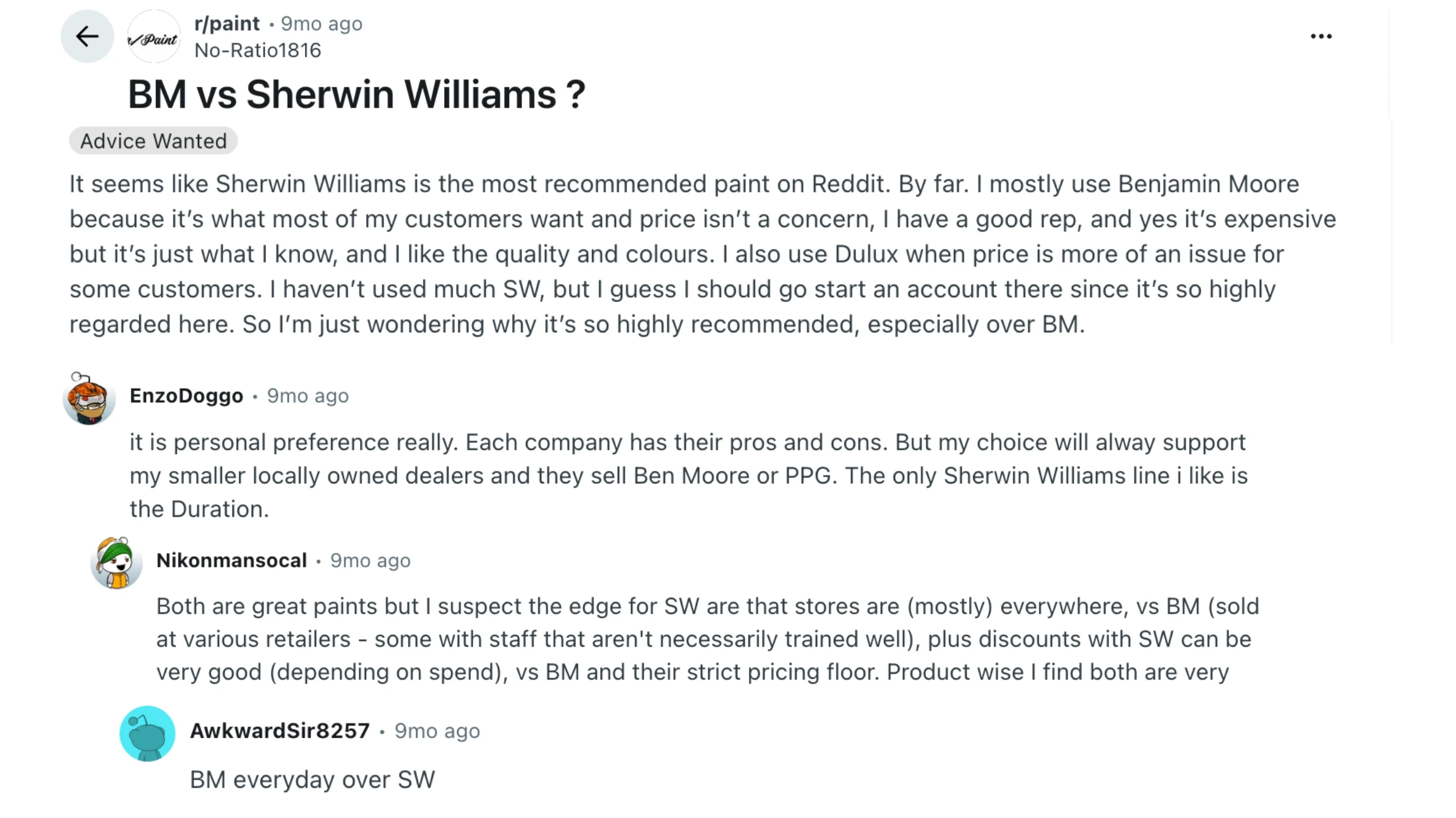 reddit thread on r:paint discussing benjamin moore vs sherwin williams with users sharing opinions on both paint brands