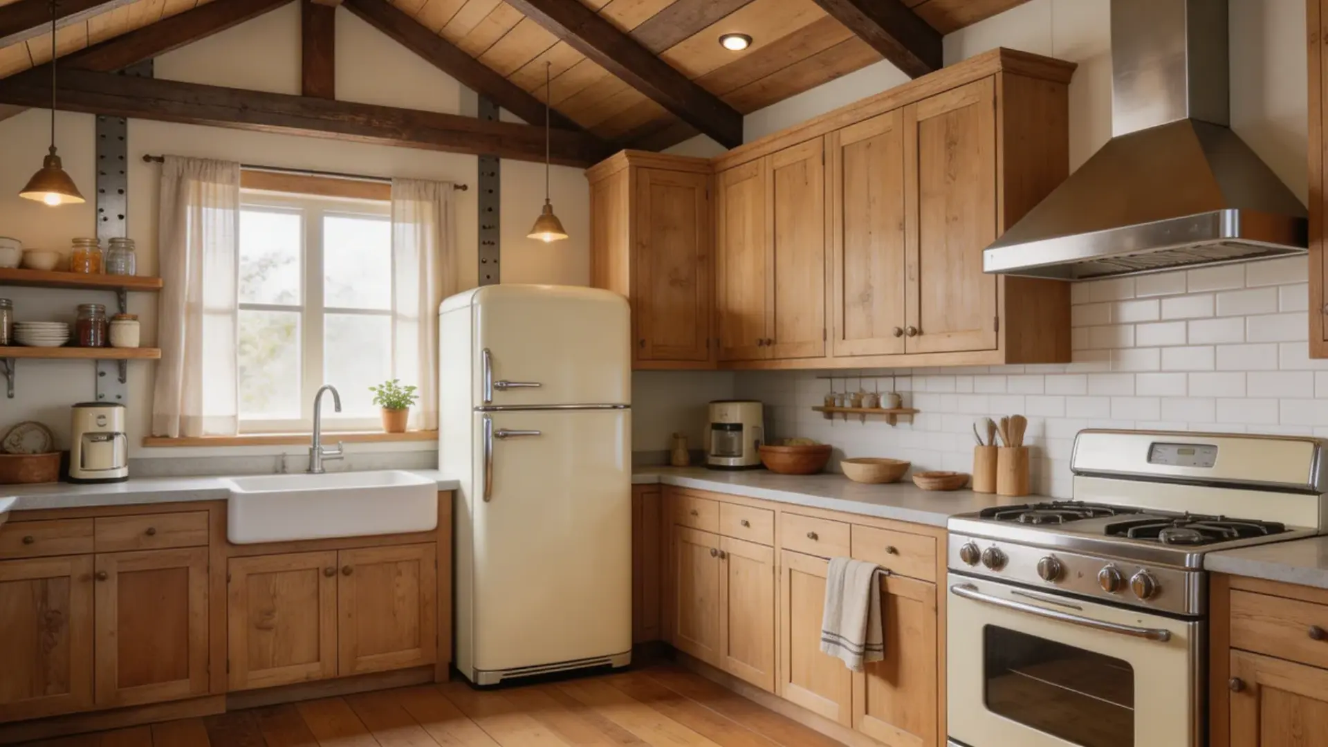 refrigerator and stove should have a retro design but modern functionality