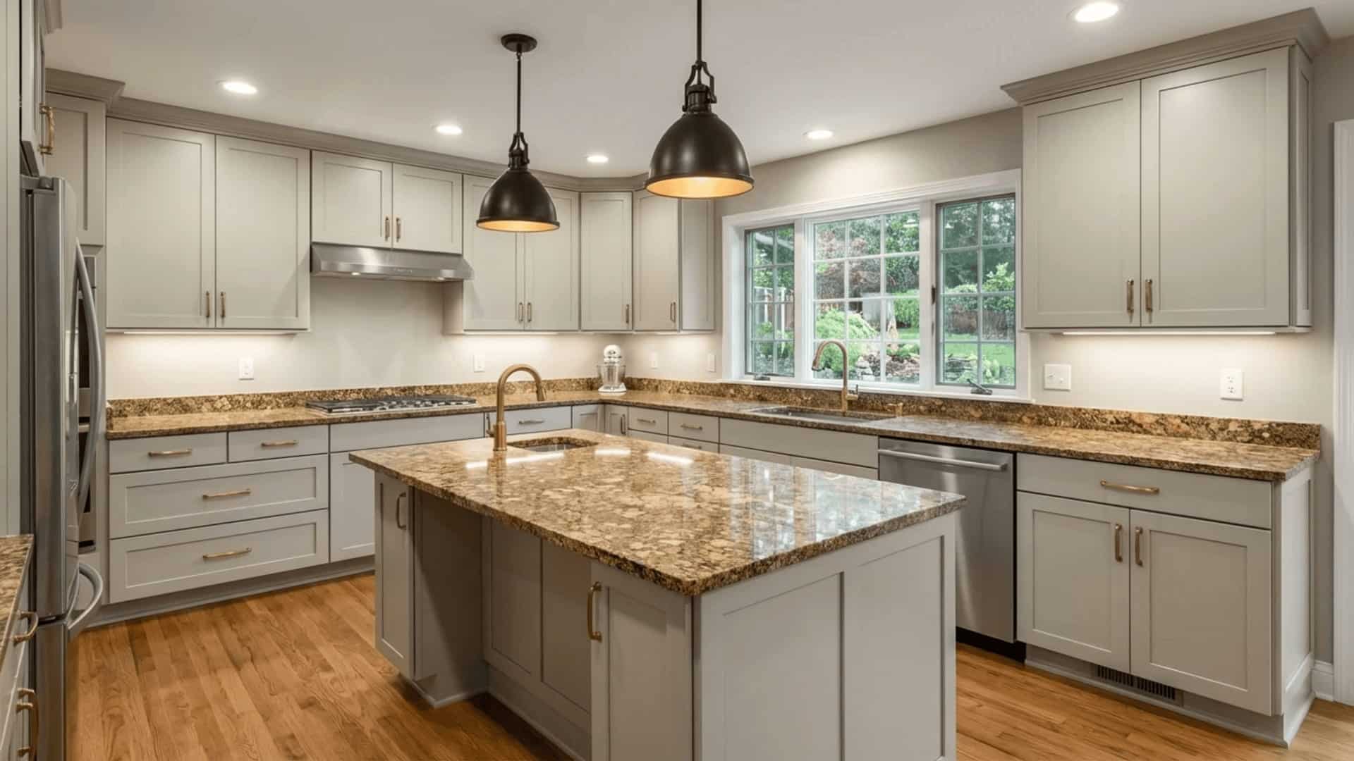 revere pewter bm hc-172 greige cabinets with warm brown granite countertops in a transitional kitchen