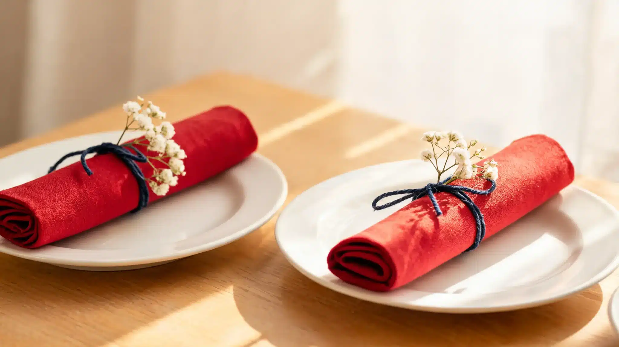 rolled red napkins tied with twine