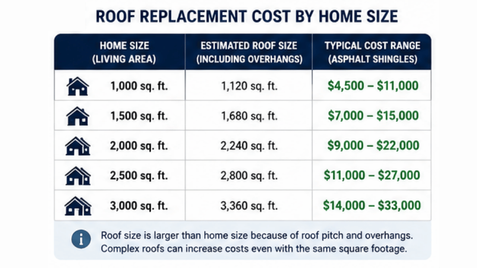 roof replacement cost by home size with estimated roof size and typical price range