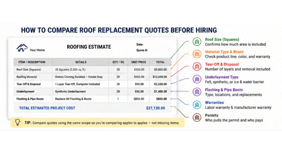 roof replacement estimate formula using pitch waste squares and permit costs