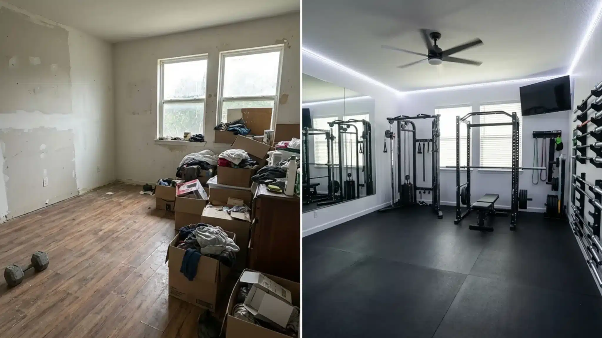 room transformation, from a cluttered, unfinished space to a modern home gym with organized equipment and clean flooring