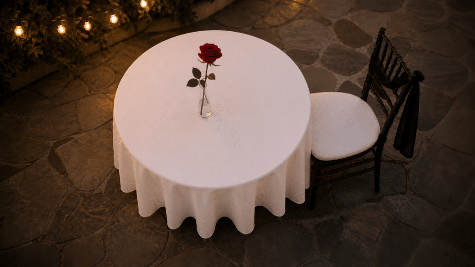 round table with white cloth black ribbon chair and single red rose in glass vase off center