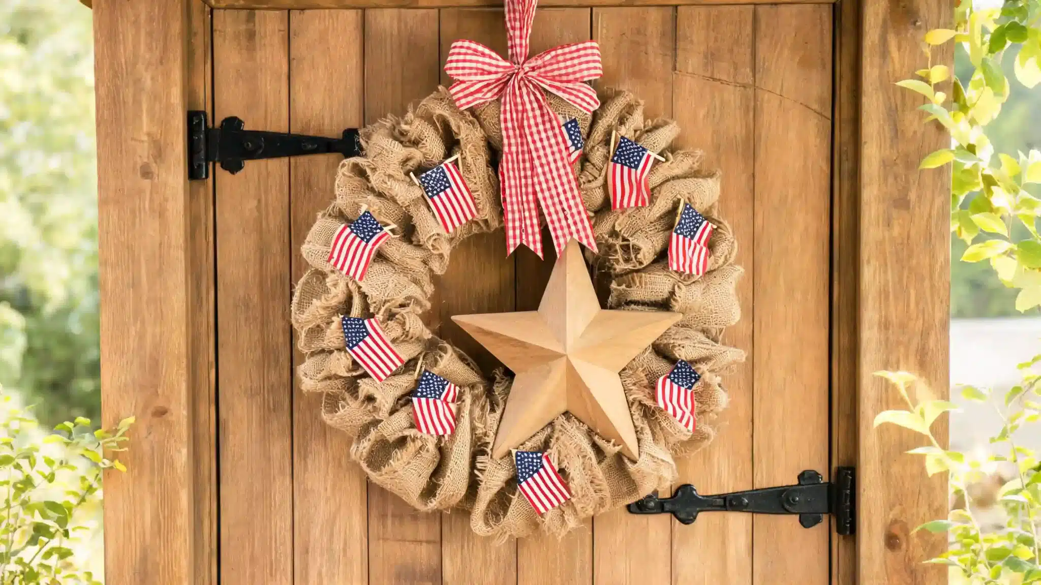 rustic burlap wreath with flag accents and wooden star for memorial day display