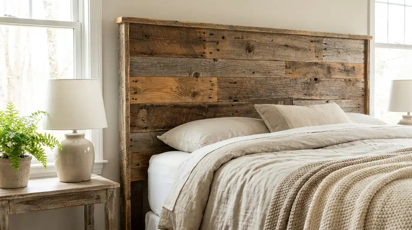 rustic reclaimed wood headboard with aged planks, natural texture, and warm farmhouse bedroom setup