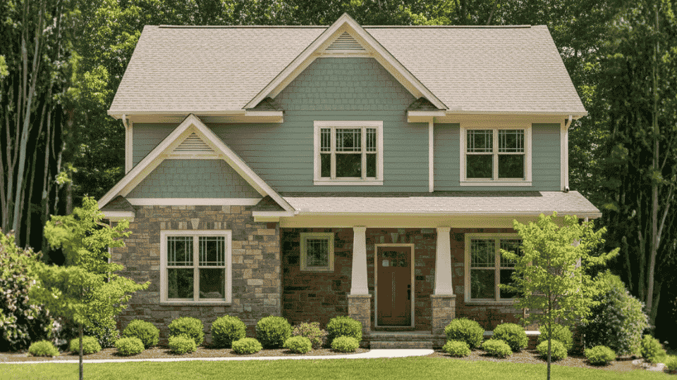 Sage green home with brown roof, cream trim, stone facade, and lush trees creating a calm, natural look