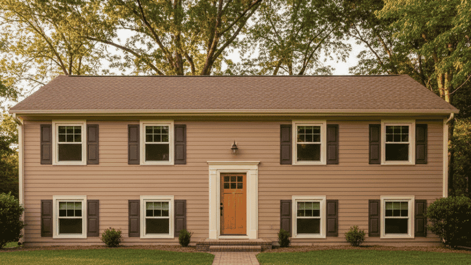 Sandstone two story home with brown roof, dark shutters, wood door, brick path, and tall trees behind