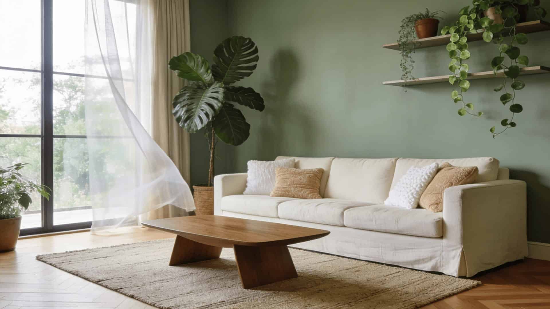 serene living area with sage green walls and warm medium wood floors with cream furniture and indoor plants
