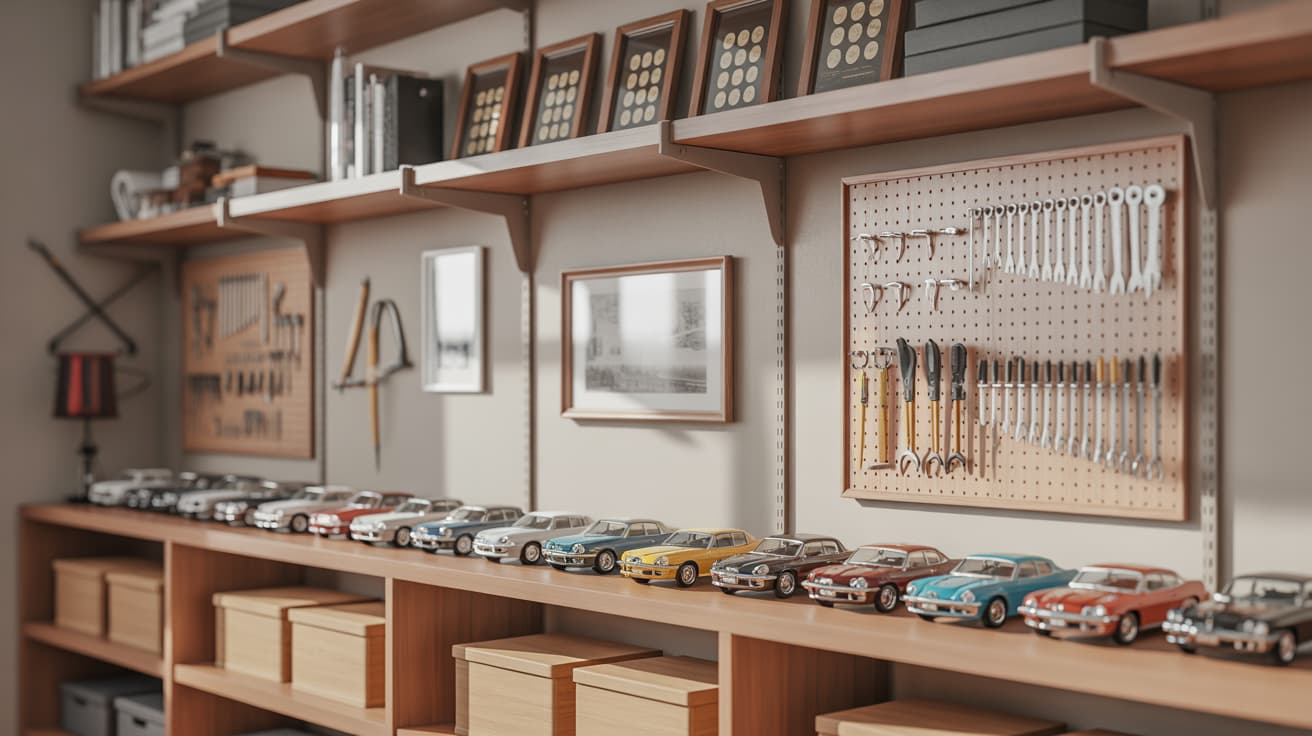shelves displaying organized collections of coins, tools, and model cars in a clean and simple setup